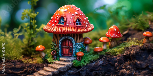 Miniature fairy house, mushroom design, resin decor, miniature model making, wide. Generative AI