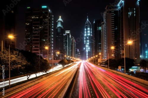 A cityscape at night, illuminated by the glow of city lights. Generative AI