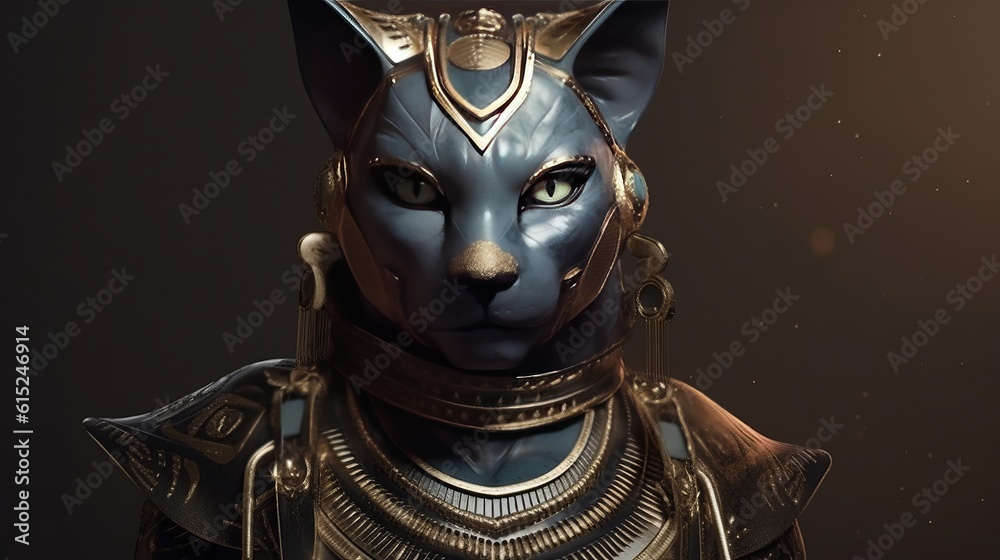 Ancient Egyptian catwoman with gold jewelry. Ancient Egyptian goddess ilustración de Stock
