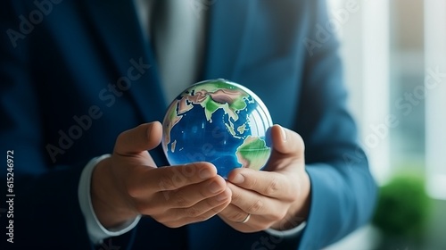 Illustration of a businessman holding a miniature globe