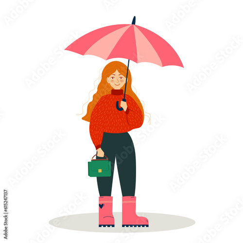 Girl with pink umrella. Concept design. Beautiful autumn nature with Flat young woman