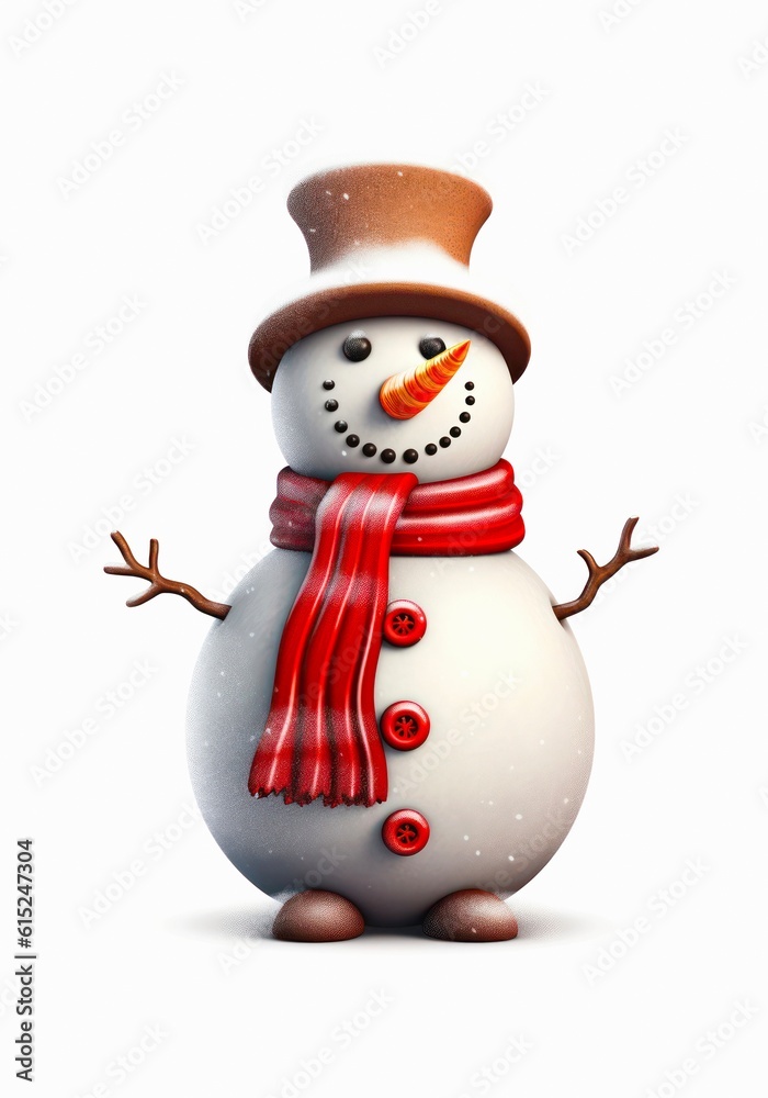 Cute snowman with red scarf on white background in cartoon style. Generative AI. Cute snowman with red scarf on white background in cartoon style. Generative AI.