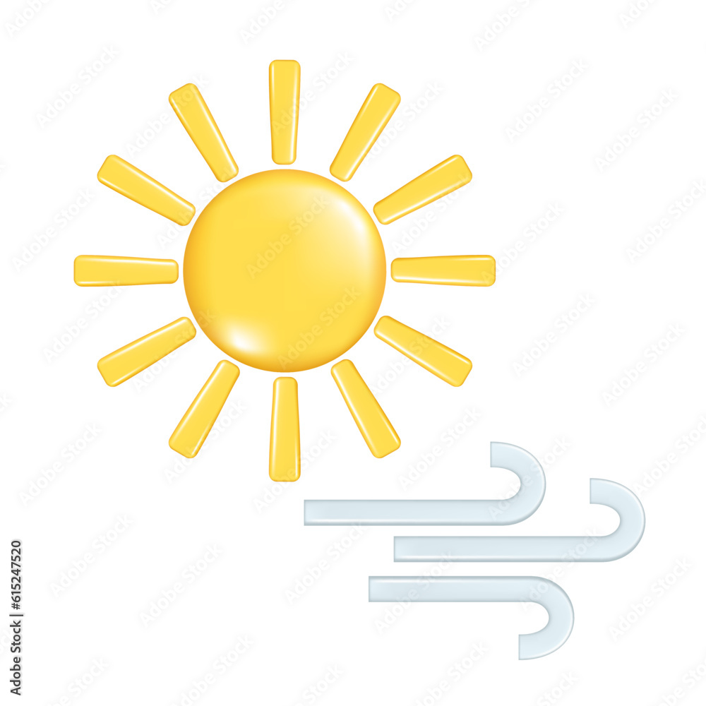 Realistic 3d design of weather forecast elements, icon symbol, meteorology. Decorative 3d golden Sun and blue wind. Vector illustration isolated on a white background Realistic 3d design of weather forecast elements, icon symbol, meteorology. Decorative 3d golden Sun and blue wind. Vector illustration isolated on a white background