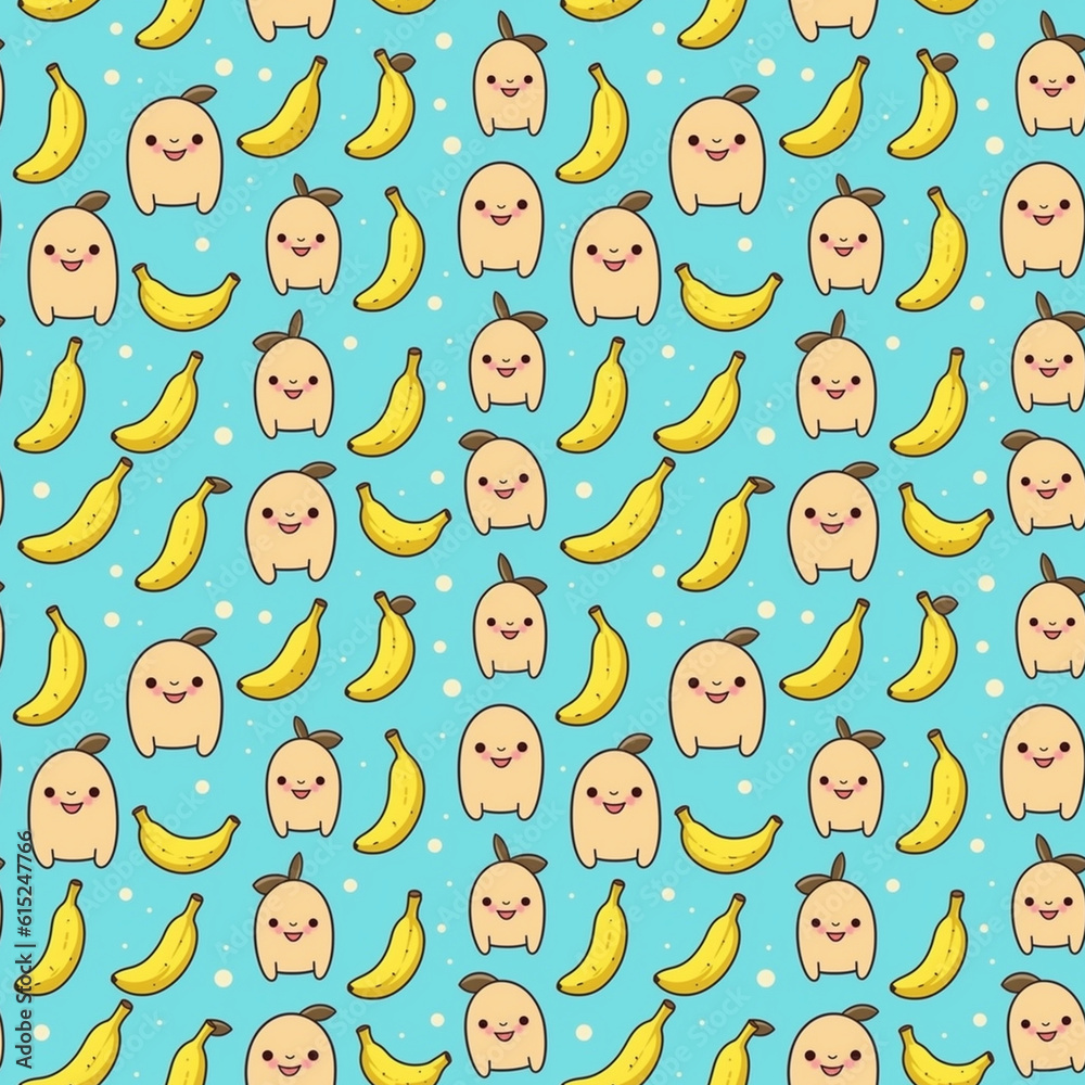 Cartoon seamless pattern with cute funny creatures and bananas on blue background. Generative AI. Cartoon seamless pattern with cute funny creatures and bananas on blue background. Generative AI.