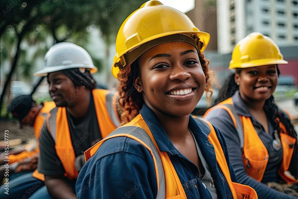 Smiling black construction coworkers posing looking at the camera at work Smiling black construction coworkers posing looking at the camera at work