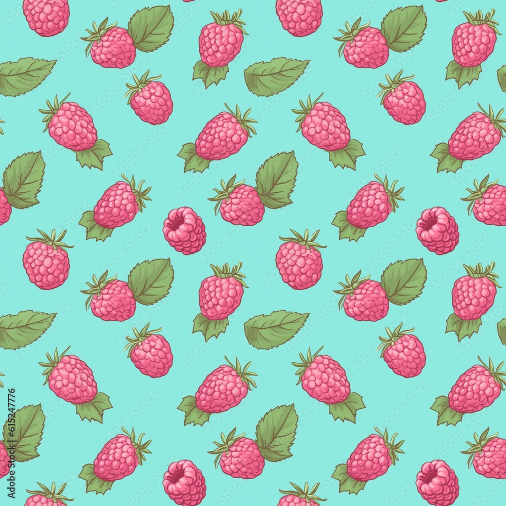 Cartoon seamless pattern with many raspberries on light blue background. Generative AI. Cartoon seamless pattern with many raspberries on light blue background. Generative AI.