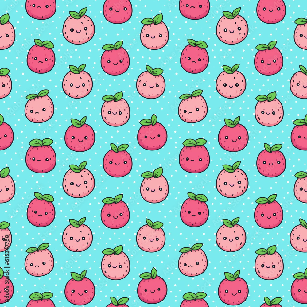 Cartoon seamless pattern with cute funny pink berries on light blue background. Generative AI. Cartoon seamless pattern with cute funny pink berries on light blue background. Generative AI.