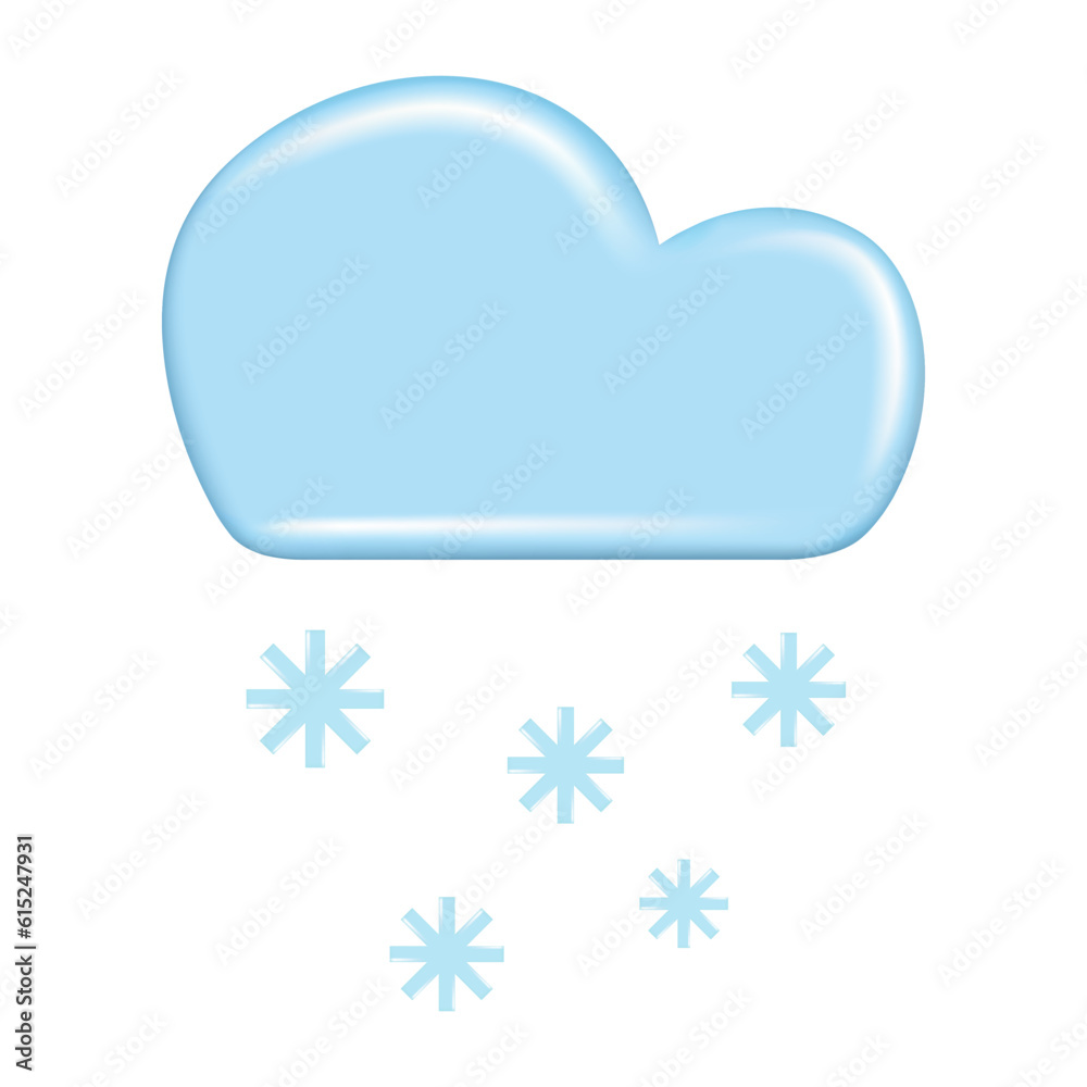 Realistic 3d design of weather forecast elements, icon symbol, meteorology. Decorative cute 3d blue cloud and snow. Cartoon abstract vector illustration isolated on a white background