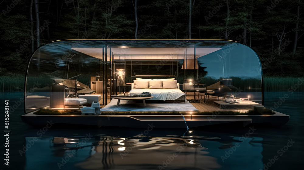A floating glass house on the lake. Modern luxury villa exterior in