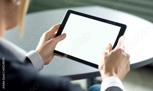 Hands of a woman holding blank tablet device over a workspace table. Close-up, A digital tablet touchpad white screen mockup for montage your graphic is on a famale hands.

