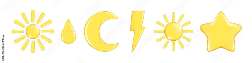 Hand drawn set of yellow realistic 3d Sun, Moon, star, lightning. Decorative 3d design emblem, cute cartoon element, icon symbol. Abstract vector illustration isolated on white background Hand drawn set of yellow realistic 3d Sun, Moon, star, lightning. Decorative 3d design emblem, cute cartoon element, icon symbol. Abstract vector illustration isolated on white background