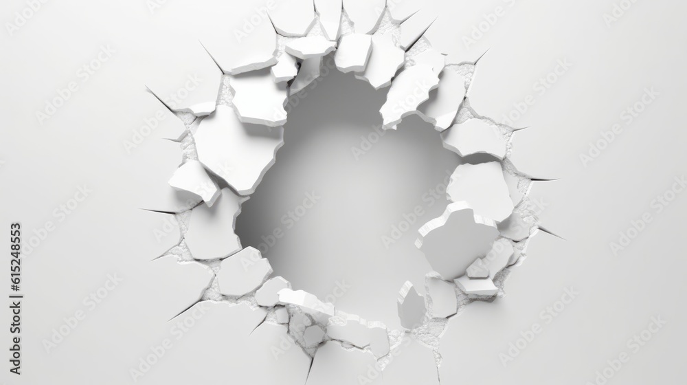 3d abstract hole on a broken white wall blank space - obrazy, fototapety, plakaty 