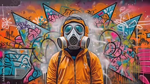 A man wearing a gas mask standing in front of a graffiti wall photo