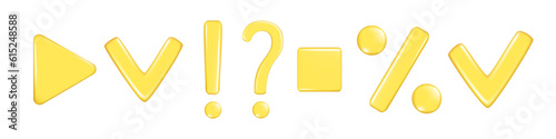 Realistic 3d exclamation mark, question cross, point, percent, play and check sign. Decorative 3d element, attention or caution icon symbol. Abstract vector illustration isolated on white background