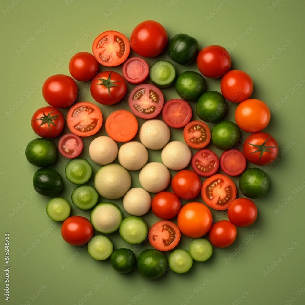 Tomatoes and cucumbers aligned in a form of a circle on green background. Summer vegetables concept. Illustration. Generative AI Tomatoes and cucumbers aligned in a form of a circle on green background. Summer vegetables concept. Illustration. Generative AI