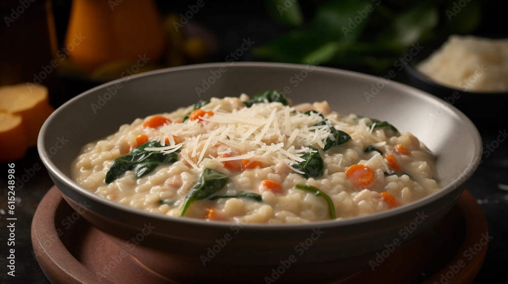 A bowl of creamy and fragrant risotto, studded with seasonal vegetables and Parmesan cheese A bowl of creamy and fragrant risotto, studded with seasonal vegetables and Parmesan cheese