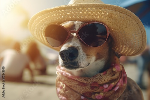 Dog dressed in a sunhat and sunglasses at the beach,Generative ai  © dhiyaeddine