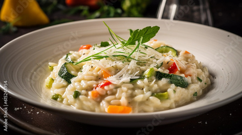 A bowl of creamy and fragrant risotto, studded with seasonal vegetables and Parmesan cheese