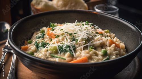 A bowl of creamy and fragrant risotto, studded with seasonal vegetables and Parmesan cheese