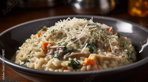 A bowl of creamy and fragrant risotto, studded with seasonal vegetables and Parmesan cheese