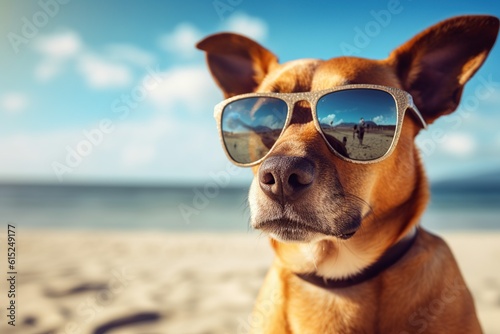 Dog on the beach wearing sunglasses, tropical beach background,Generative ai © dhiyaeddine