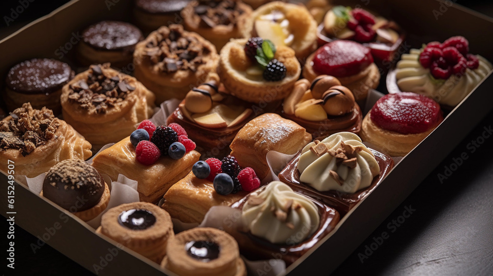 A tray of delectable bite-sized pastries, including mini tarts, eclairs, and cream puffs A tray of delectable bite-sized pastries, including mini tarts, eclairs, and cream puffs