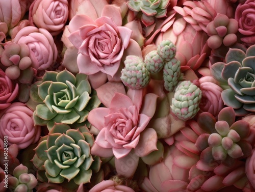 Collage of pink, green, and brown succulents. Illustration AI Generative.