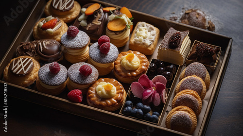 A tray of delectable bite-sized pastries, including mini tarts, eclairs, and cream puffs
