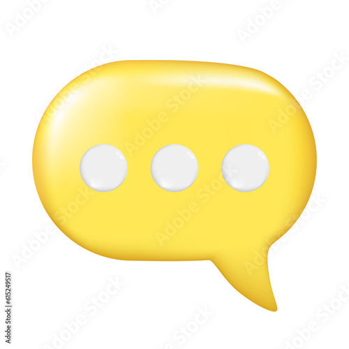 Realistic 3d speech bubble text, message box, chatting box with white dots. Decorative 3d element, chat dialogue icon, speak bubble symbol. Vector illustration isolated on white background