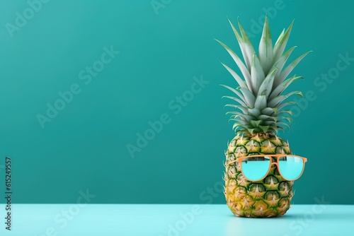 Hipster pineapple with trendy sunglasses against turquoise background,Generative ai	