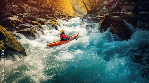 A man kayaking on a fast flowing river among large rocks. Generative AI © Mustafa
