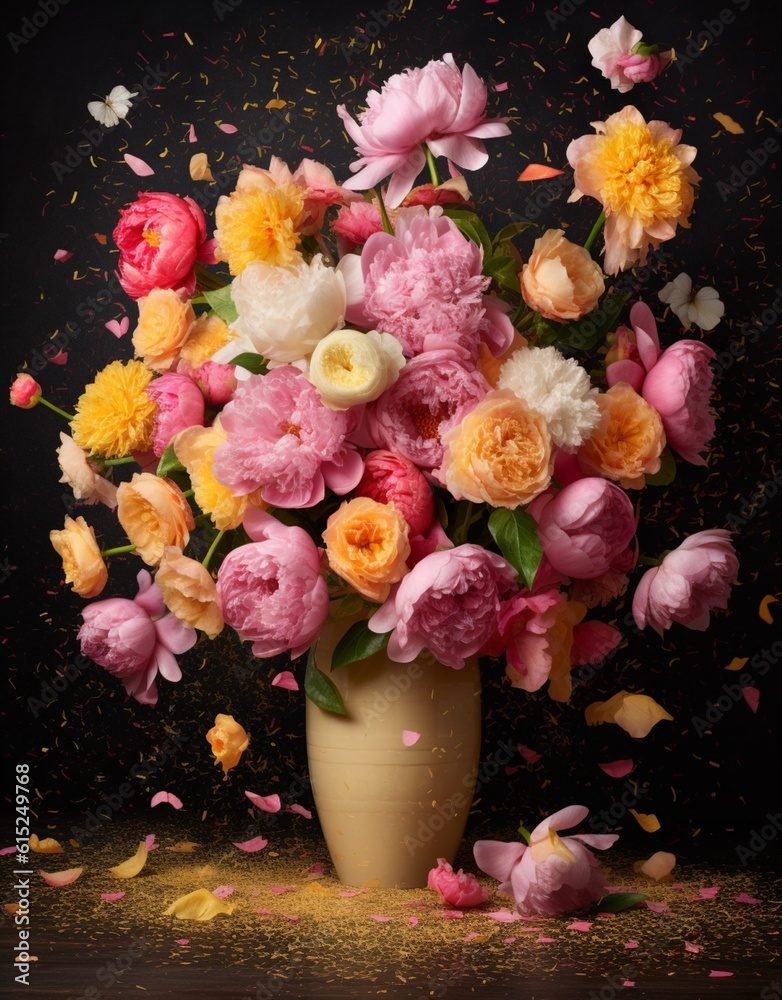 Pastel yellow vase with beautiful fresh pastel-colored peonies flowers and roses on romantic dark background. Illustration. Generative AI
