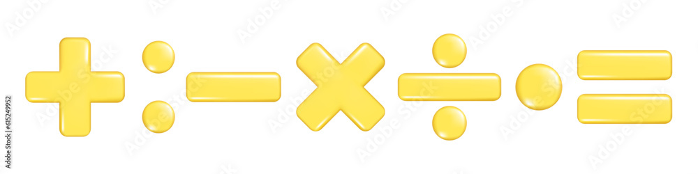 Obraz premium Realistic 3d plus, minus, multiply, division and equal sign. Decorative arithmetic 3d element, education maths icon, mathematical symbol. Abstract vector illustration isolated on white background
