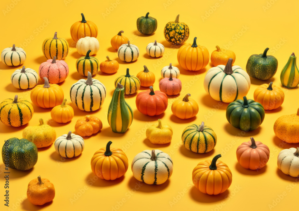 Pumpkins arranged in different color patterns on a pastel yellow background. Thanksgiving holiday concept