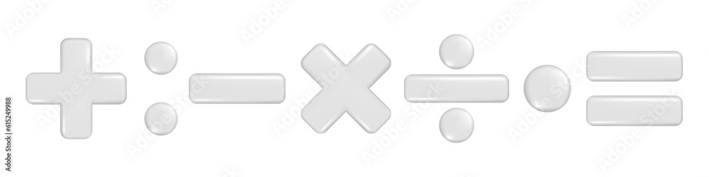 Realistic 3d plus, minus, multiply, division and equal sign. Decorative arithmetic 3d element, education maths icon, mathematical symbol. Abstract vector illustration isolated on white background