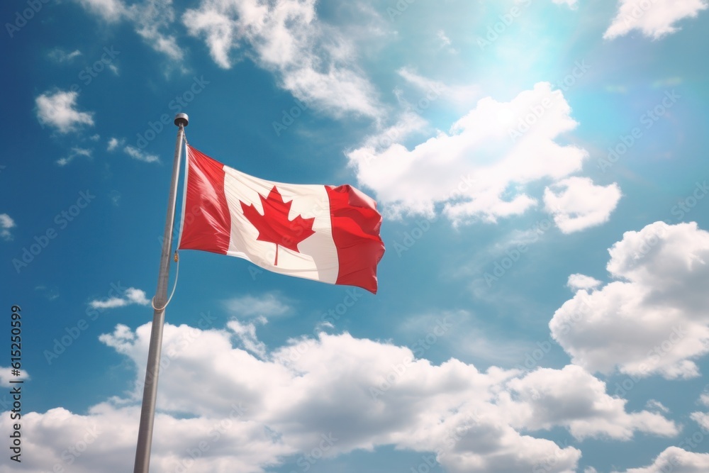 Canada flag on blue sky background. Illustration AI Generative. Canada flag on blue sky background. Illustration AI Generative.