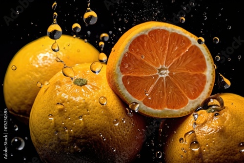 Orange with water on black background. Illustration AI Generative.