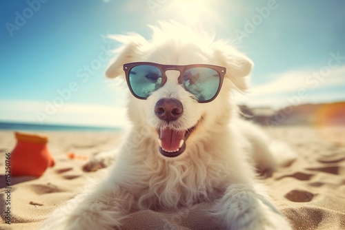 Dog on the beach wearing sunglasses  tropical beach background Generative ai
