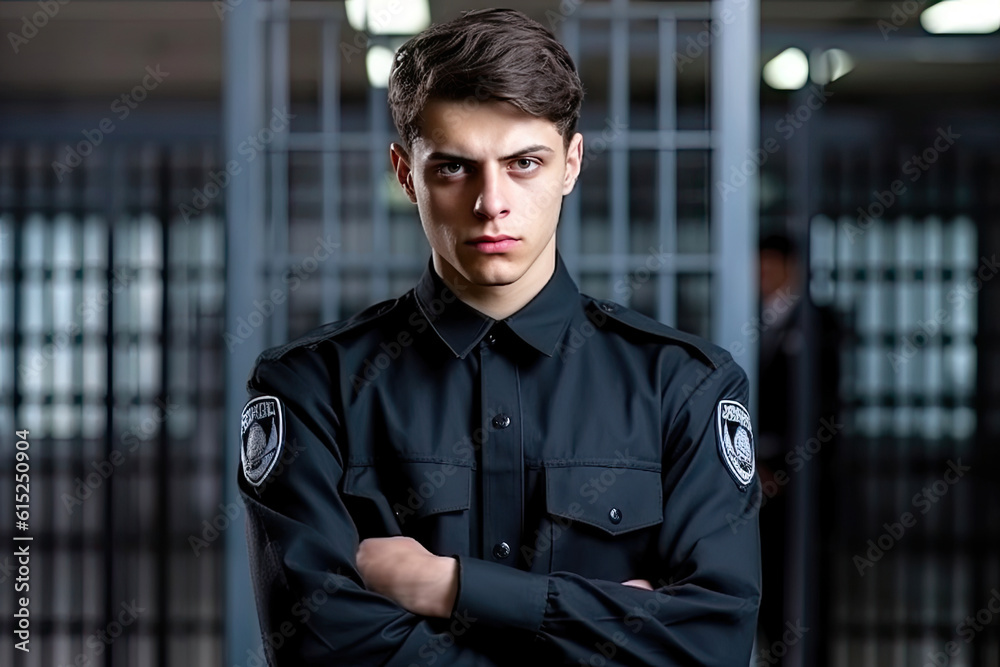 Young Guard in Police Uniform Standing Firmly in Jail Cell. Generative AI