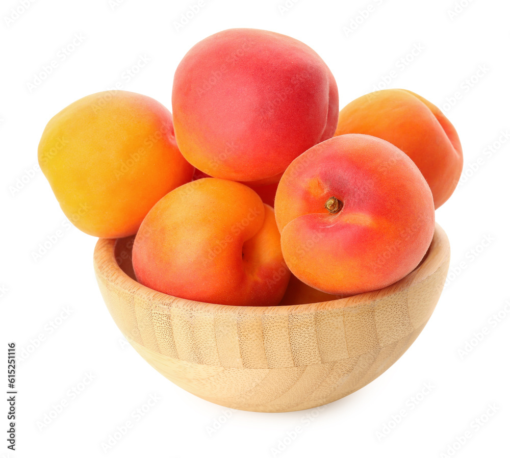 Bowl with ripe apricots isolated on white background