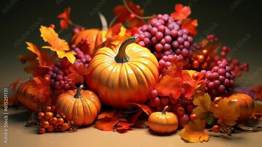 3D Render of Pumpkins, Autumn Leaves, Berries, generative ai tools 

 