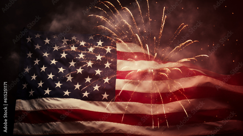 celebratory fireworks on background of american flag at USA independence day - obrazy, fototapety, plakaty 