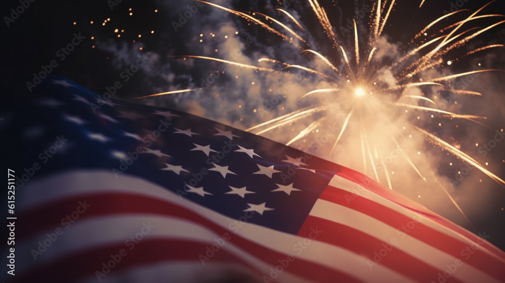 celebratory fireworks on background of american flag at USA independence day - obrazy, fototapety, plakaty 