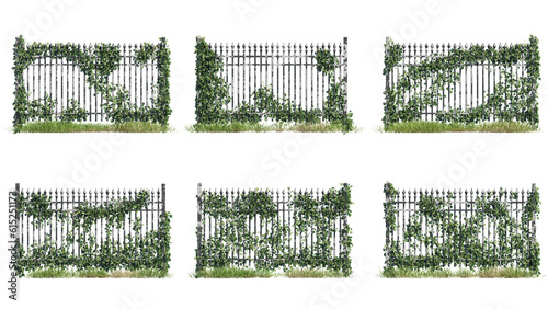 Set of metal fences with ivy, photorealistic 3D rendering with transparent background, perfect for the foreground, digital composition, and architecture visualization 