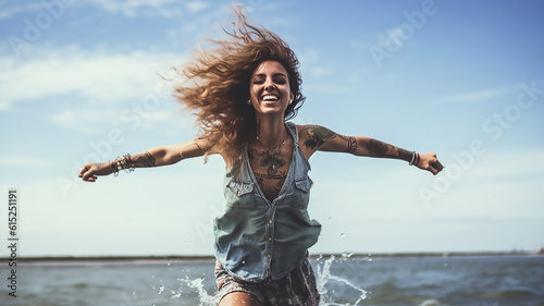 pretty woman posing in the sea, outdoor hipster portrait, generative ai tools  © ksu_ok