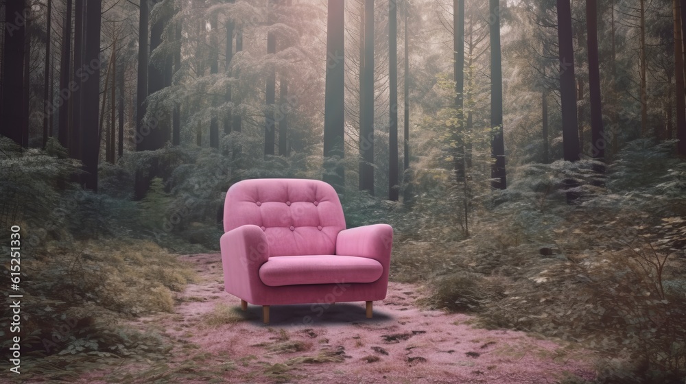 Pink armchair in the middle of the forest