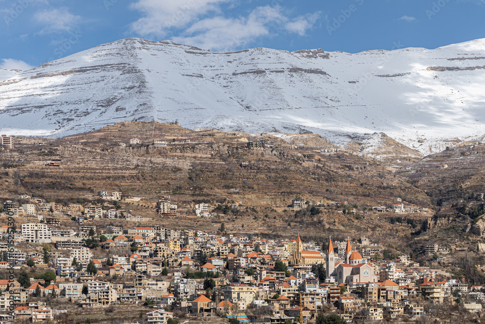 Snow capped mountains overlooking Qadisha valley, Bsharri, Lebanon
