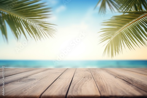 Top of wood table with seascape and palm leaves, blur bokeh light of calm sea and sky at tropical beach background,Generative ai 