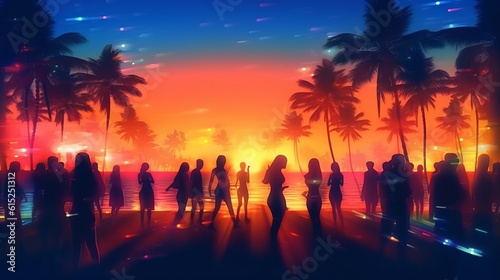 Night beach party with blurred dancing crowd of people having fun photo