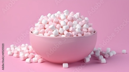 Pink bowl with mini marshmallows in pink background